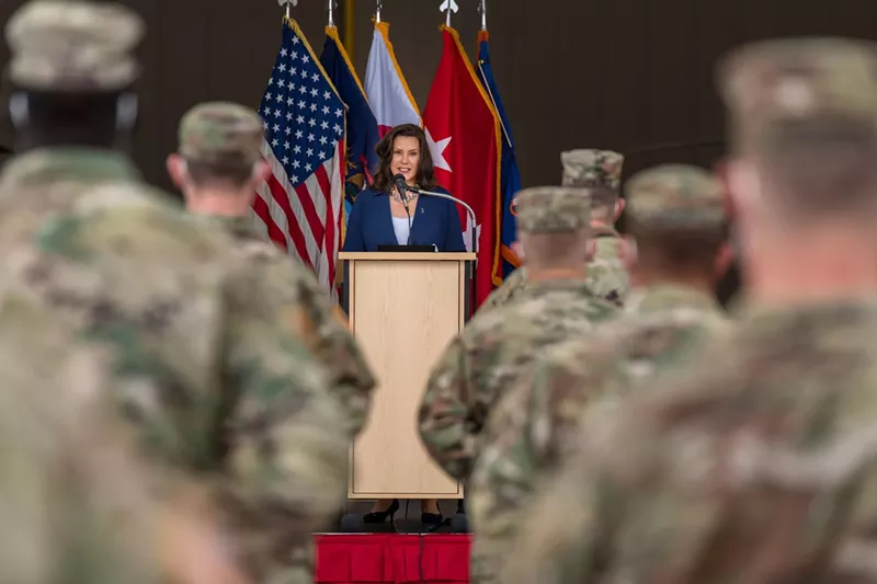 Gov. Gretchen Whitmer addresses the 3rd Battalion, 238th Aviation Regiment, of the Michigan National Guard. - Gov. Gretchen Whitmer's office