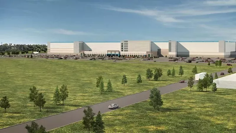Rendition of the Amazon fulfillment center on the Michigan State Fairgrounds in Detroit. - Sterling Group