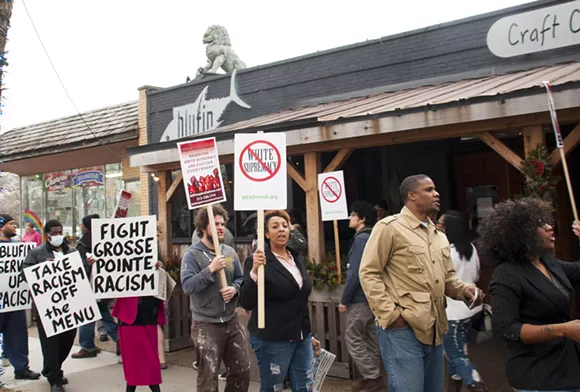 Protestors outside Blufin on Wednesday afternoon. - Photo by Tom Perkins