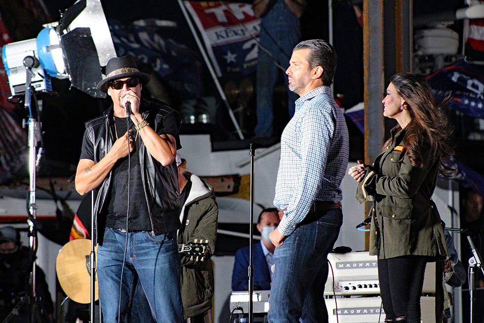 Kid Rock, Donald Trump Jr, and Kimberly Guilfoyle campaign at a Trump rally in Harrison Township in September. - MICHAELANTHONYPHOTOS / SHUTTERSTOCK.COM