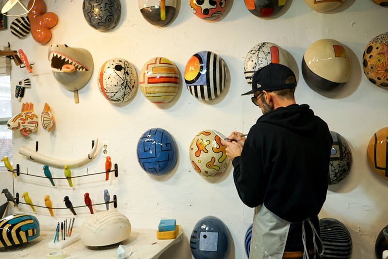 Artist Iggy Sumnik and his ceramic “Jellybeans.” - MOLLY LEEBOVE