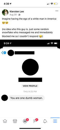 A screenshot of a message a man sent to Kiersten Bak caling her "one dumb woman." - Screenshot