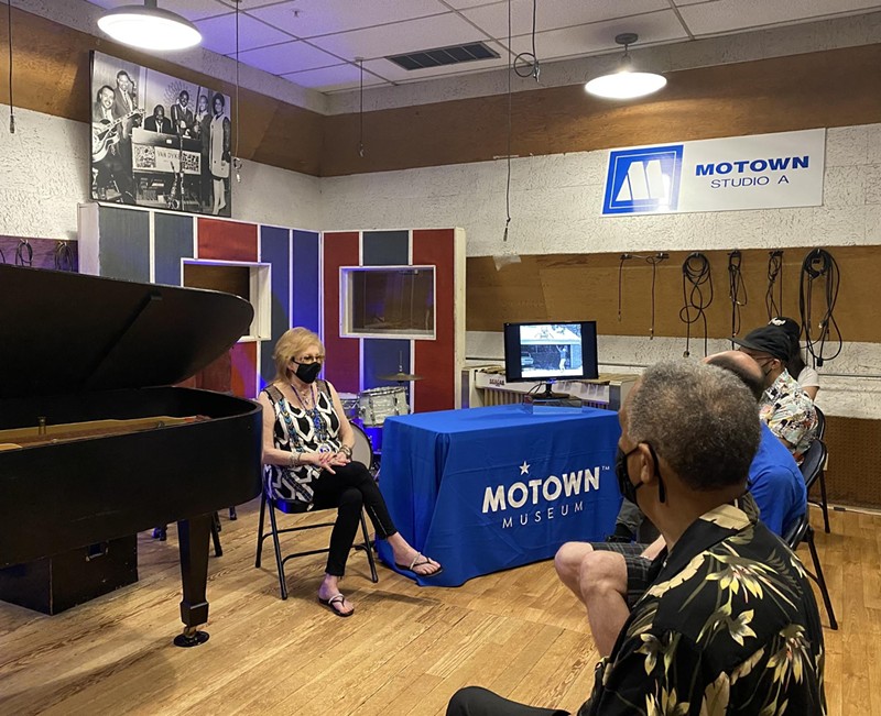 Dayna Hartwick, who played flute on Marvin Gaye’s classic What’s Going On album, holds court in Studio A at the Motown Museum Friday, May 21. - DAVE MESREY