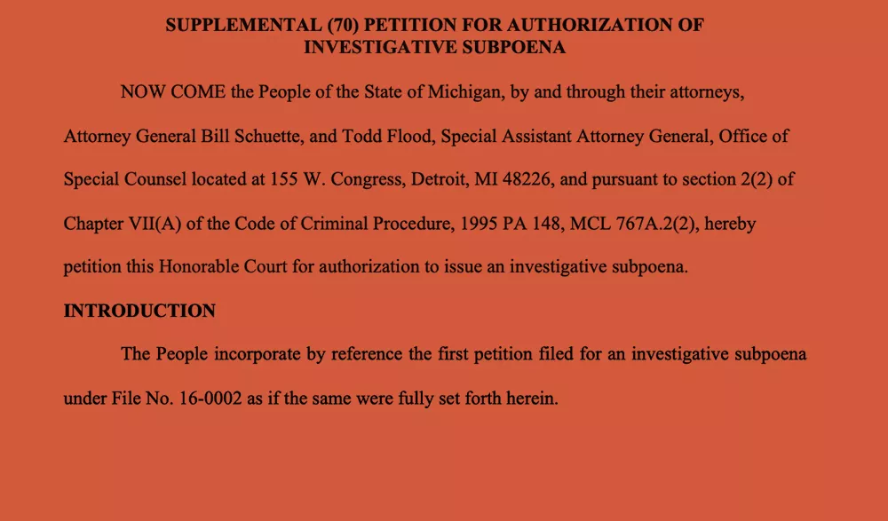 The draft of a subpoena for prosecutors to interview Jim Fick, a state of Michigan IT official. - Obtained by The Intercept