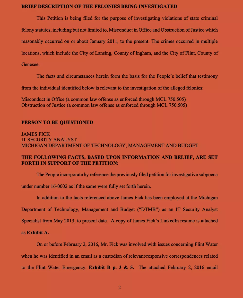 The draft of a subpoena for prosecutors to interview Jim Fick, a state of Michigan IT official. - Obtained by The Intercept