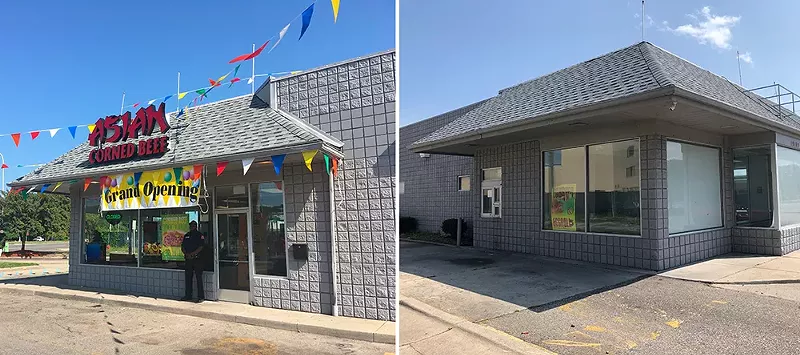 The Asian Corned Beef at 19102 Woodward Ave., Detroit in 2019 (left) and today (right), where it sits empty. - Lee DeVito