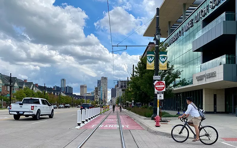 A new transit-only lane has been installed in front of Little Caesars Arena. - Dave Mesrey