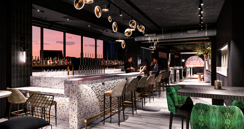 Rendering of The I|O Rooftop Lounge atop The Godfrey Hotel Detroit. - Oxford Capital Group and Hunter Pasteur