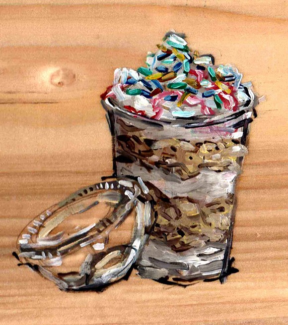 The cake cup from Mocha Cafe Sweets, Sandwiches, and Cakes. - Painting By Emily Wood