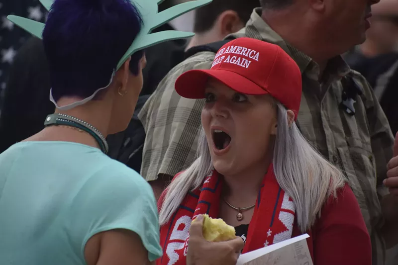 Mellissa Carone speaks to an attendee dressed as the Statue of Liberty at a right-wing rally calling for a so-called &ldquo;audit&rdquo; of the 2020 election at the Michigan Capitol, Oct. 12, 2021 - Laina G. Stebbins/Michigan Advance