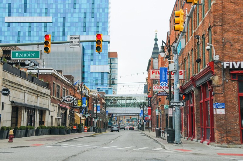 An empty street in Downtown Detroit after Michigan Governor Gretchen Whitmer ordered a stay at home due to coronavirus (COVID-19) global pandemic on March 23, 2020. - Shutterstock