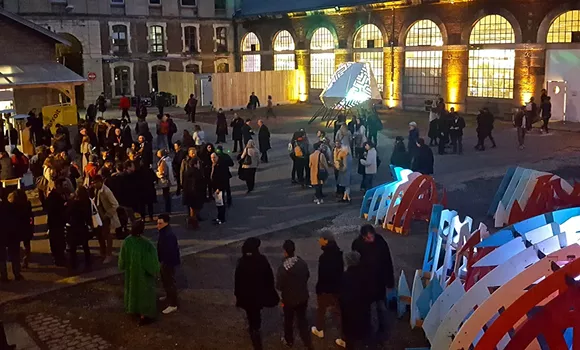The Out of Site courtyard on opening night at the Biennale Internationale Design Saint-Étienne. - Sarah Rose Sharp