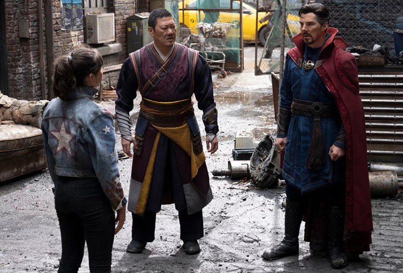 Xochitl Gomez as America Chavez, Benedict Wong as Wong, and Benedict Cumberbatch as Doctor Strange. - Jay Maidment/Marvel Studios