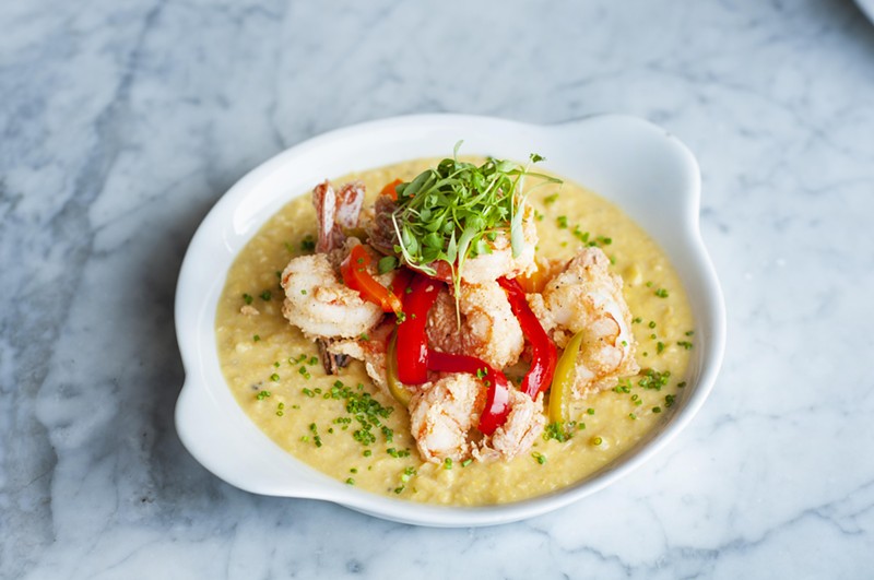 Red shrimp from Argentina, big and juicy. are served with a corn purée. - TOM PERKINS