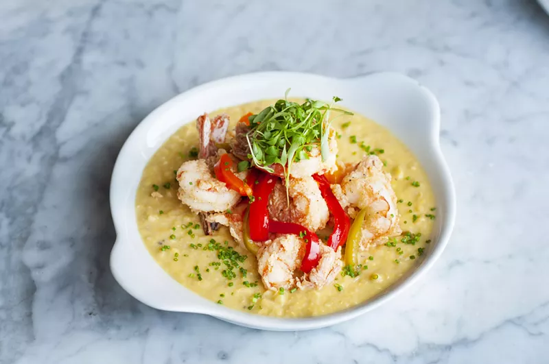 Red shrimp from Argentina, big and juicy. are served with a corn purée. - Tom Perkins