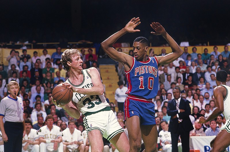 Larry Bird of the Boston Celtics faces off against Dennis Rodman of the Detroit Pistons in 1987. - Manny Millan/Sports Illustrated via Getty Images