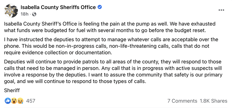 A post from the Isabella County Sherrif's Office. - SCREENSHOT/FACEBOOK