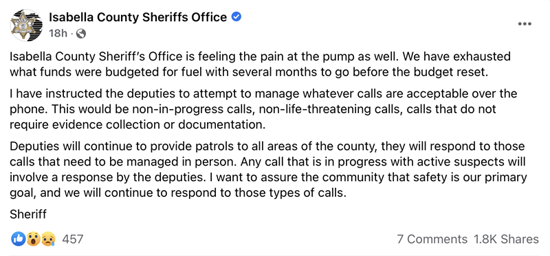 A post from the Isabella County Sherrif's Office. - Screenshot/Facebook