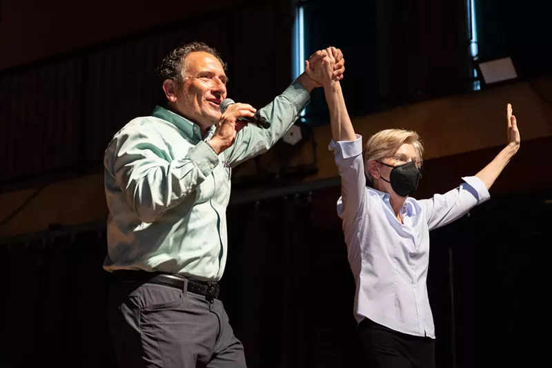 U.S. Rep. Andy Levin and U.S. Sen. Elizabeth Warren at a rally for Levin in Pontiac on July 24, 2022. - Andrew Roth