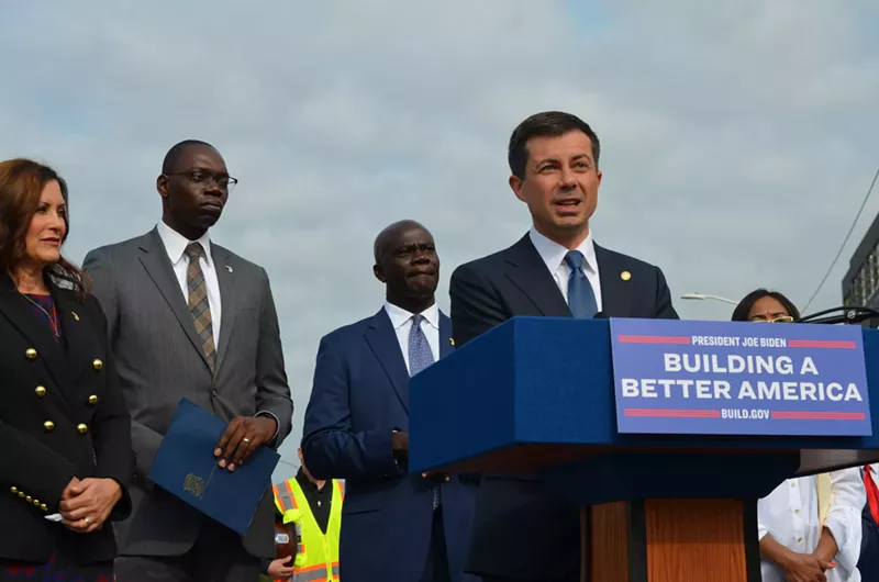 U.S. Transportation Secretary Pete Buttigieg in Detroit with Gov. Gretchen Whitmer and Lt. Gov. Garlic Gilchrist II. - Ken Coleman
