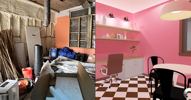 A photo of the new space for Good Cakes & Bake's new building (left) and a rendering of Concetti's new interior design for it. - Courtesy of Concetti