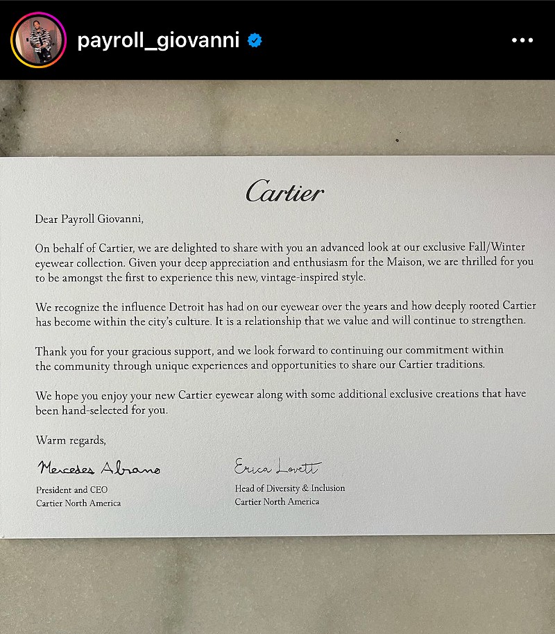 A note from Cartier. - Instagram, @payroll_giovanni