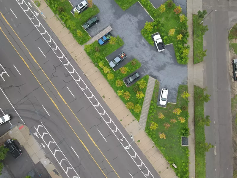 Aerial view of the green parking lot on Grand River near Warren. - Andrew Schwartz