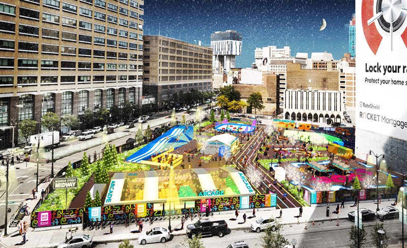 A rendering of the Monroe Street Midway for Decked out Detroit. - Bedrock Detroit