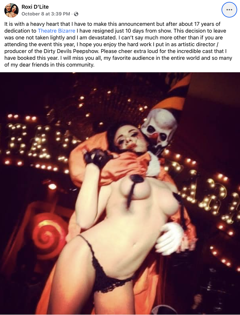 Award-winning burlesque performer Roxi D'Lite announced she quit her role at Theatre Bizarre days before the event. - Screengrab, Facebook