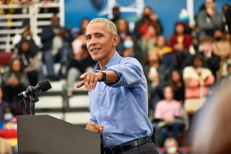 Former President Barack Obama speaks at a rally with Gov. Gretchen Whitmer and other Michigan Democrats in Detroit on Oct. 29, 2022. - Andrew Roth/Michigan Advance
