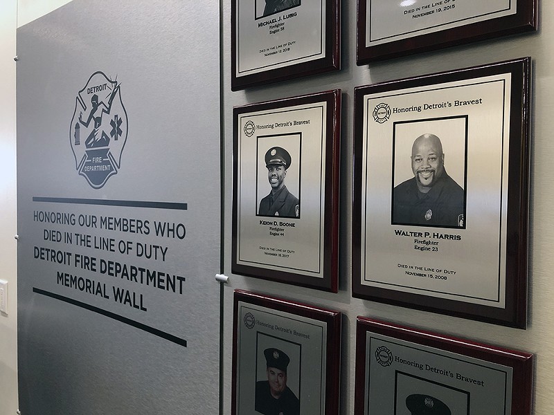 Plaques at the Detroit Public Safety Headquarters memorialize Walter Harris and other firefighters who died on duty. - Lee DeVito