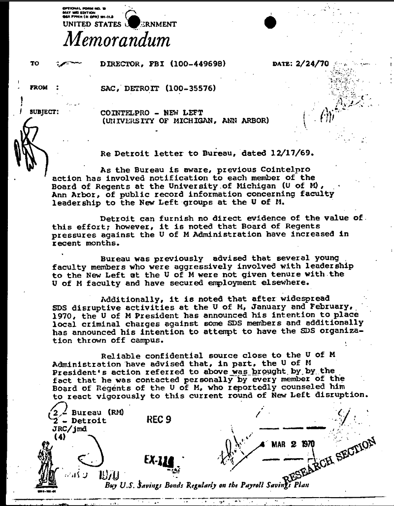 In the 1970s, the FBI sent a false letter as part of a memo titled "COINTELPRO–NEW LEFT" in an attempt to divide interests and allegiances between the leftist organization Students for a Democratic Society and the Black Panther Party. - FBI