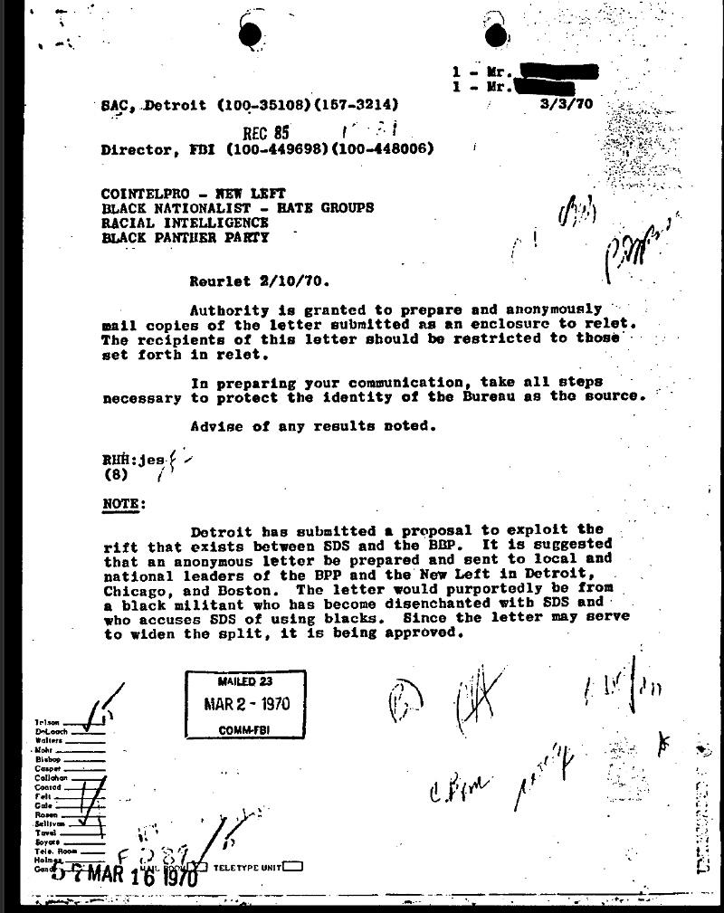In the 1970s, the FBI sent a false letter as part of a memo titled "COINTELPRO–NEW LEFT" in an attempt to divide interests and allegiances between the leftist organization Students for a Democratic Society and the Black Panther Party. - FBI