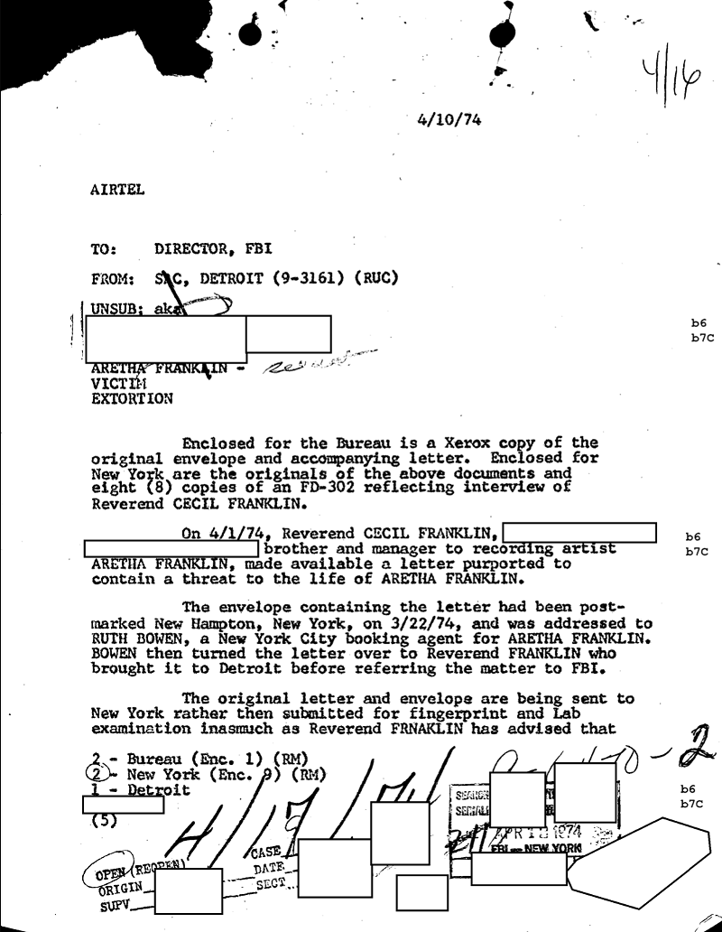 A man sent a disturbing handwritten letter stating to Franklin and her family, saying, “I’m still in charge of you … your advisors do not know the danger of neglecting what I’m saying.” - FBI