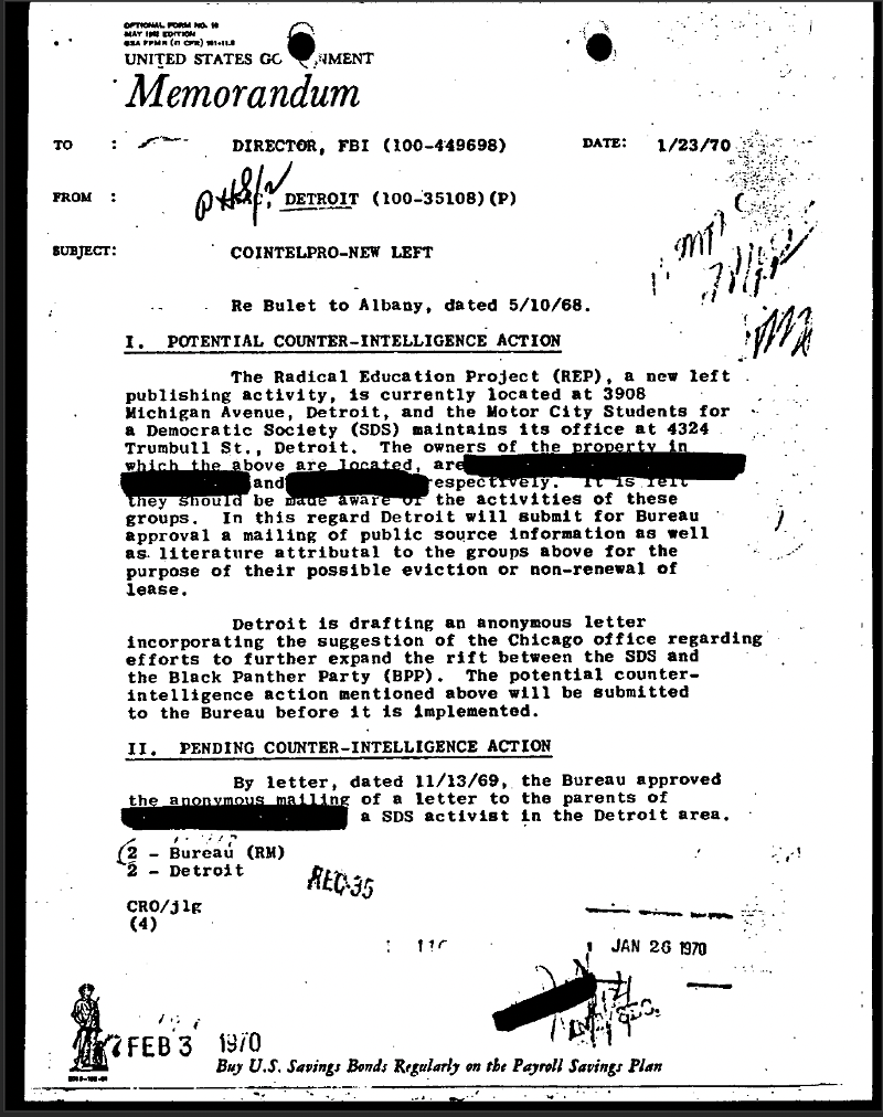 In the 1970s, the FBI sent a false letter as part of a memo titled "COINTELPRO–NEW LEFT" in an attempt to divide interests and allegiances between the leftist organization Students for a Democratic Society and the Black Panther Party. - FBI