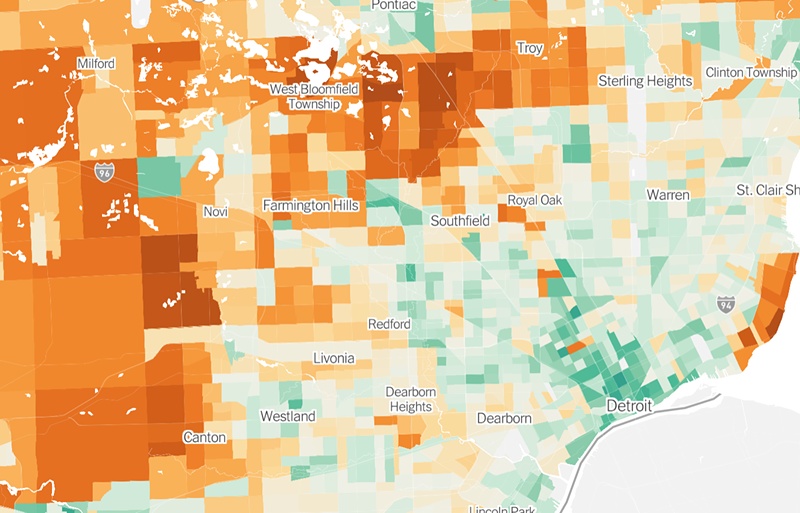 Green represents emissions lower than the national average while orange areas have higher than average levels. - The New York Times/screenshot