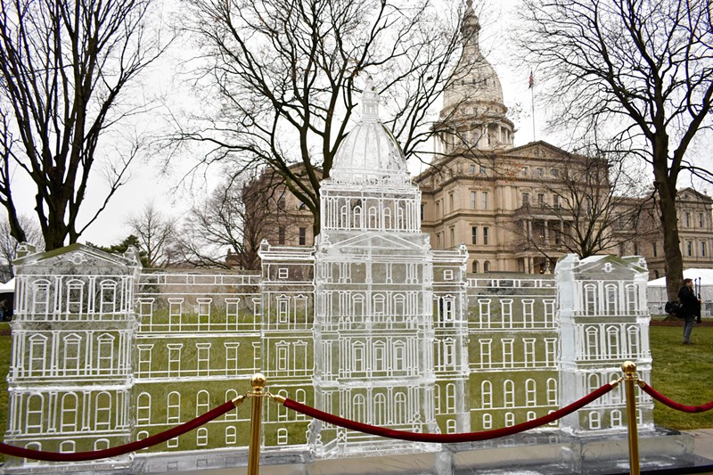 An ice sculpture of the Michigan Capitol Building in downtown Lansing on Michigan’s Inauguration Day on Jan. 1, 2023. - Andrew Roth/Michigan Advance