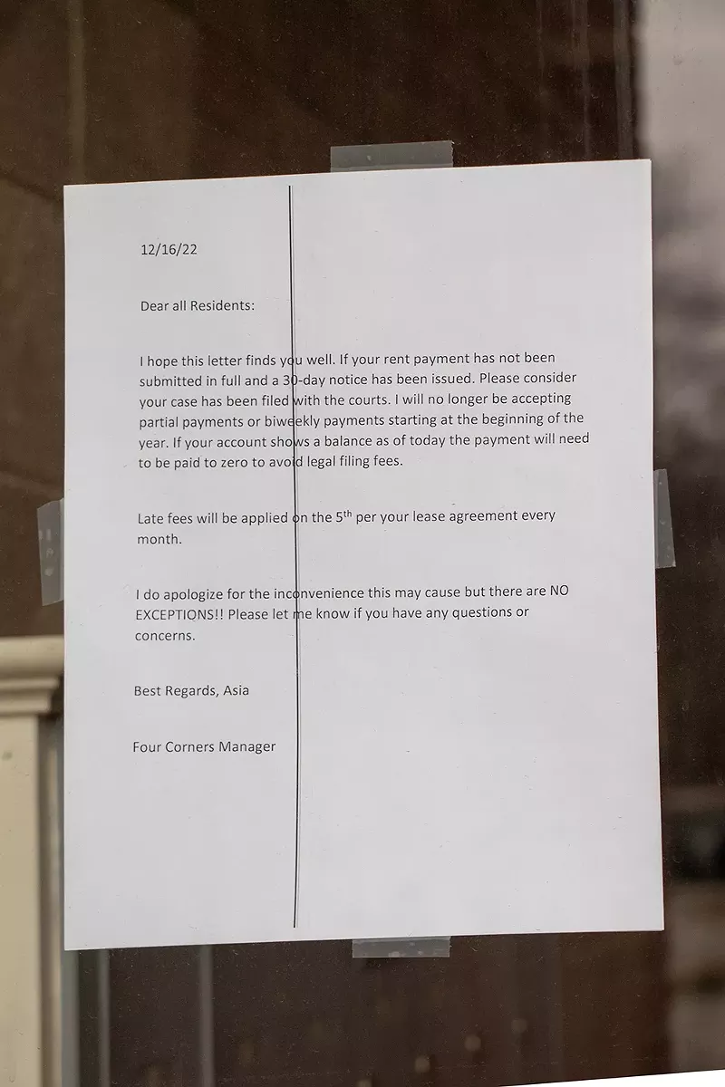 A letter informing Four Corners residents that management will no longer accept partial rent payments. - Alejandro Ugalde