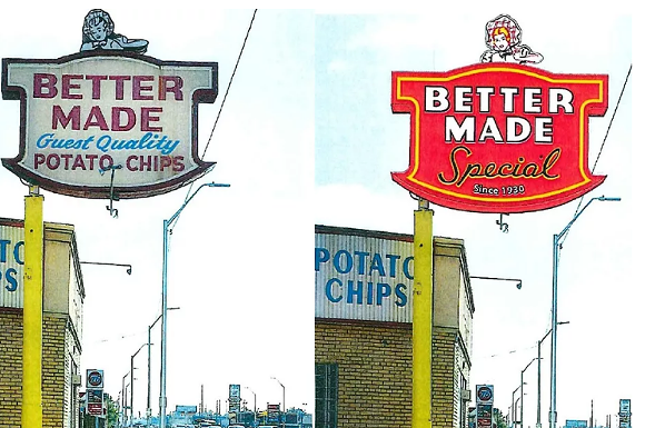 The original sign is on the left, the new one will look like this rendering on the right - Courtesy photo.