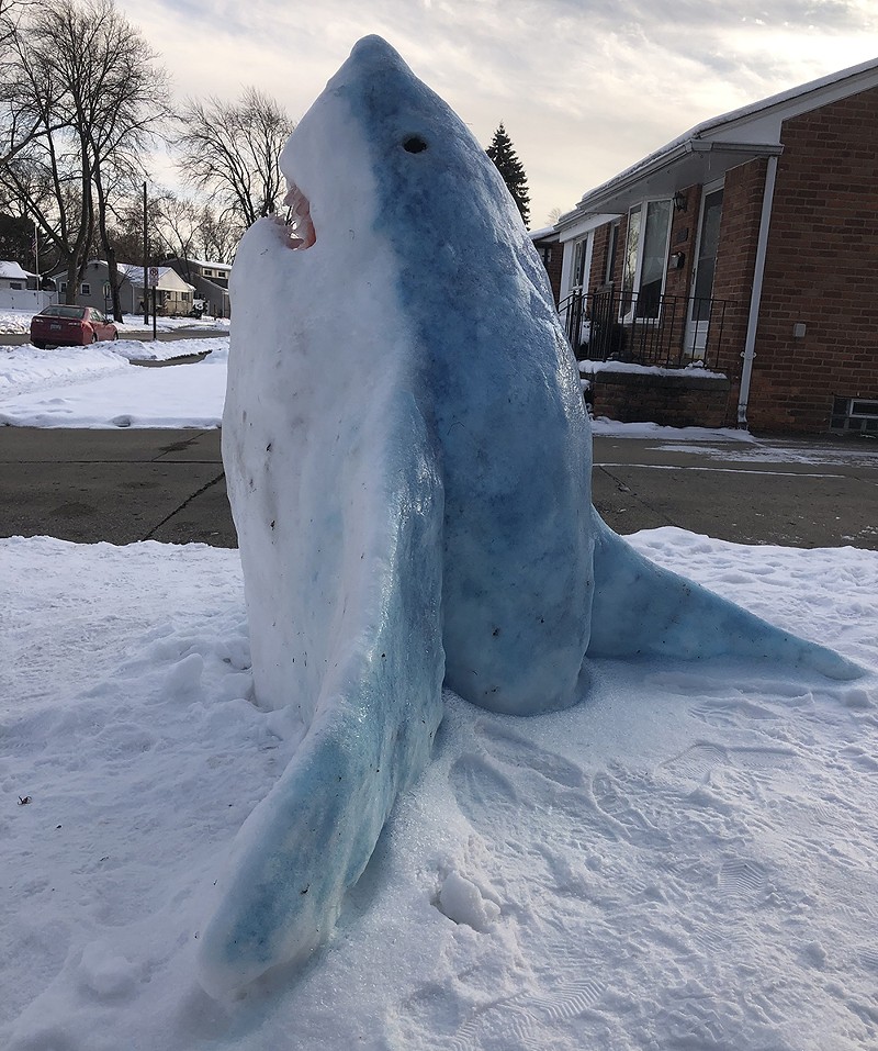 Madison Heights art teacher Jennifer Ramirez created a snowshark out of snow, ice, and food coloring. - Courtesy photo