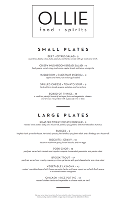 Ollie's dinner menu. Not pictured: Ollie's lunch, brunch, and bar menus. - Courtesy photo