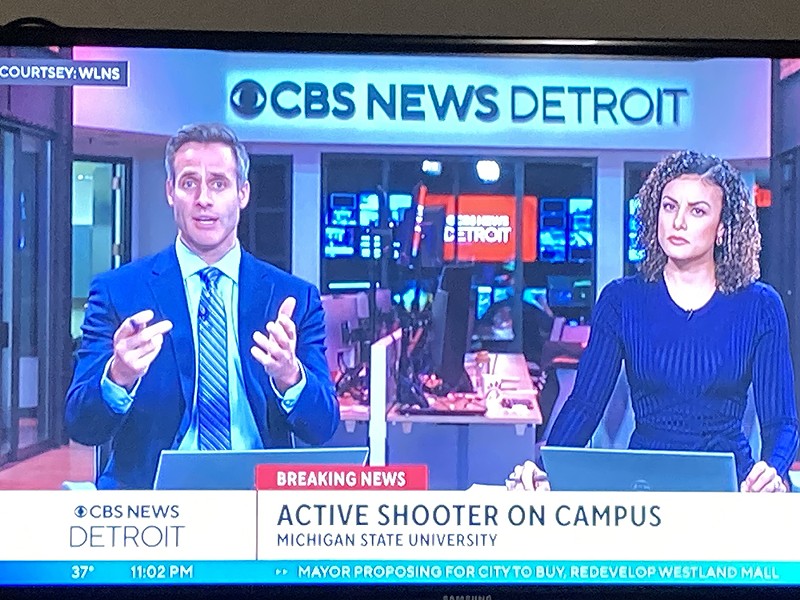 Anchors Kris Laudien and Shaina Humphries of the new CBS News Detroit reporting on the massacre at MSU last Monday. - Joe Lapointe