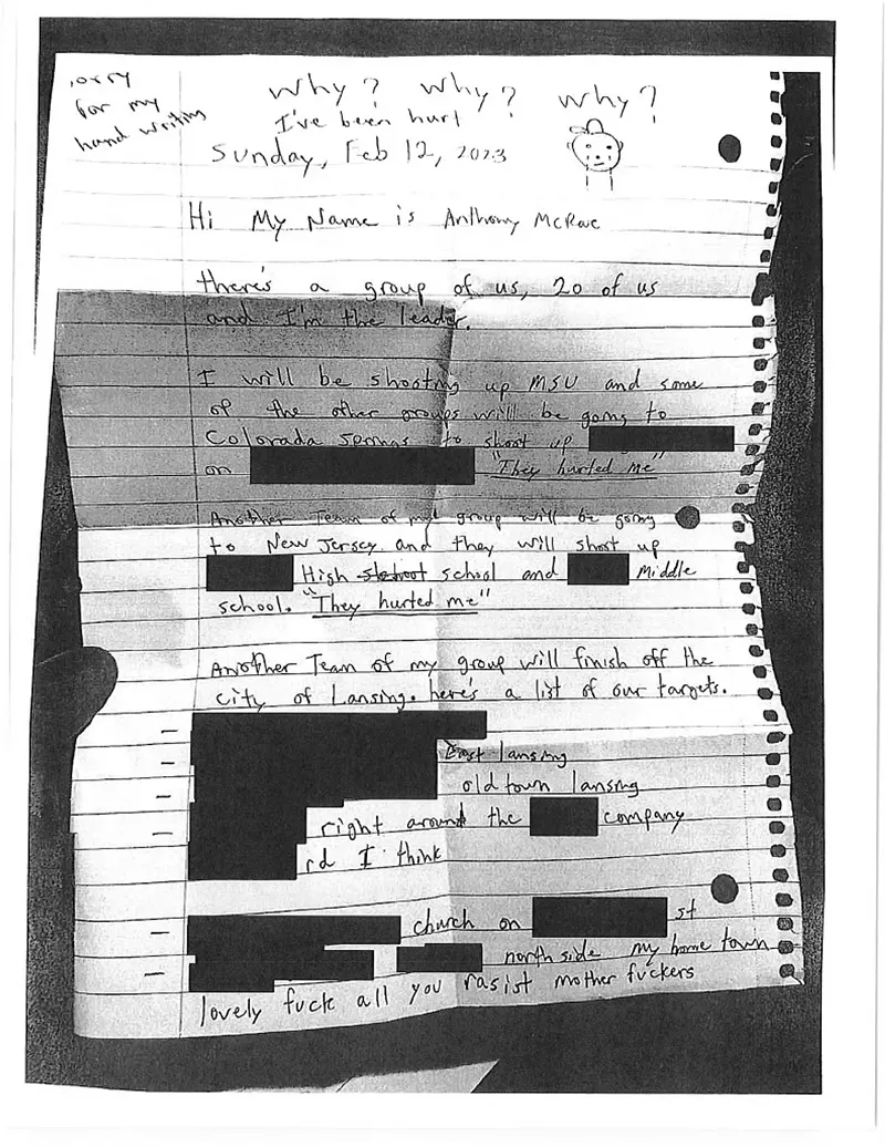 Although he described himself as a loner, McRae claimed he was the leader of a group of 20 that planned to carry out shootings in Lansing, East Lansing, DeWitt, Colorado Springs, and New Jersey. - MSU Police