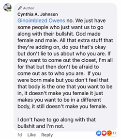 A screenshot of a message posted by Cynthia A. Johnson on Facebook. - Cynthia A. Johnson, Facebook (screenshot)