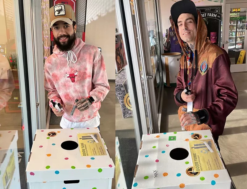 Mint Cannabis budtenders Jay Fair and Eddie Spicer drop off door tubes for recycling at a Portage dispensary. - Courtesy photos