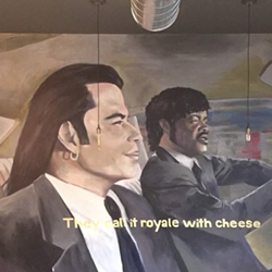 A Jeremy Harvey mural of the "Royale with Cheese" scene in Pulp Fiction that's depicted on Royale With Cheese's wall. - Royale With Cheese Instagram