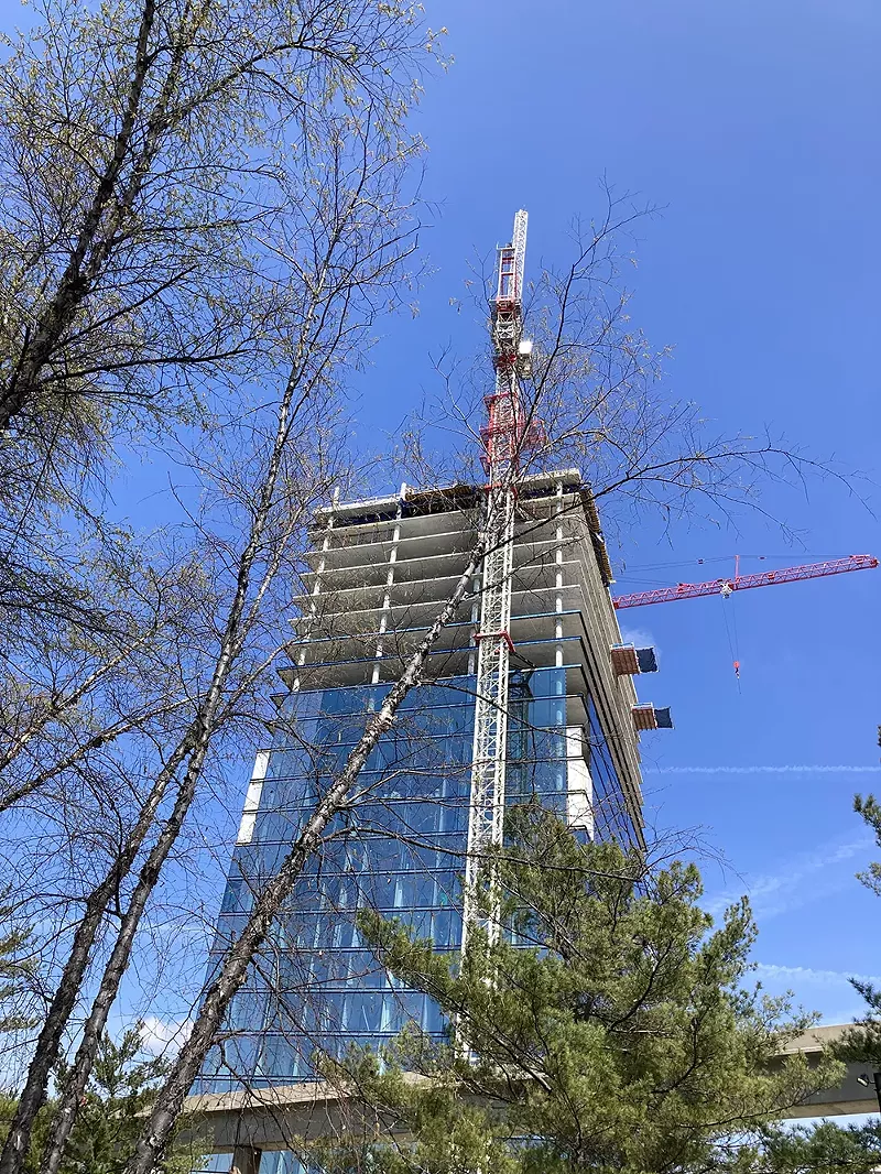 The Residences at Water Square is a glass-sided apartment building rising quickly on the site of the demolished Joe Louis Arena. - Joe Lapointe