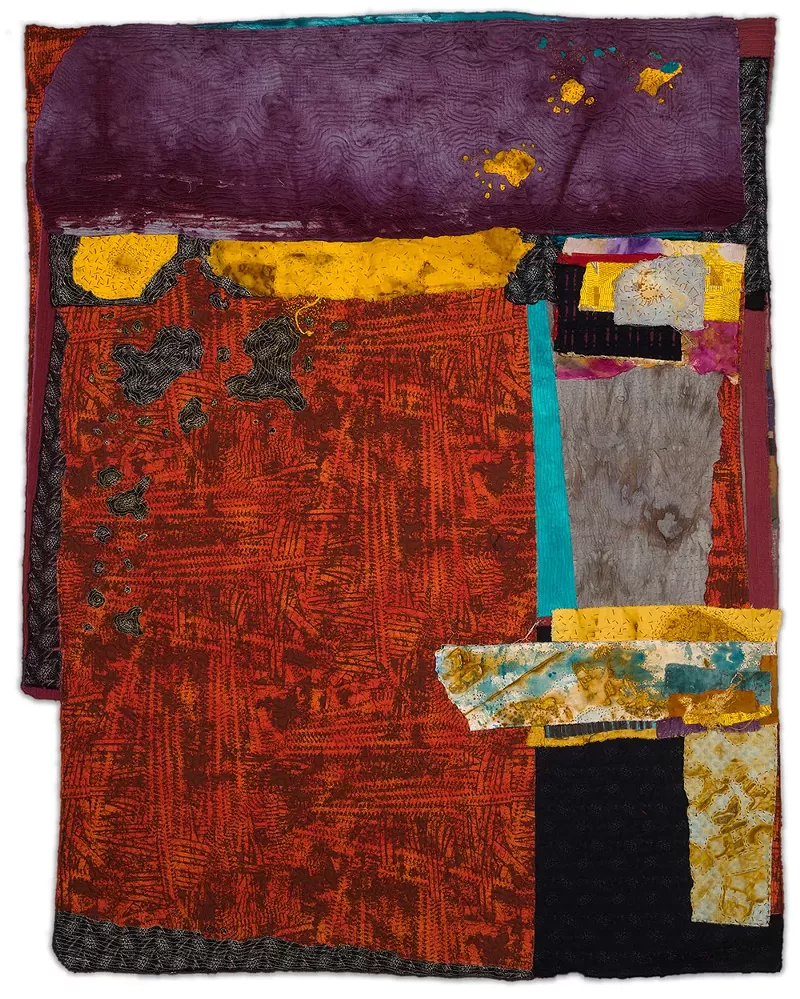 “Bearing Witness” - By Carole Harris - 53” x 42” Commercially printed cottons, acrylic paint on muslin, cotton batting - and thread. - - Carole Harris is a nationally recognized fiber artist and 2015 Kresge Fellow, whose abstract compositions expand on the basic concepts of quilt making, while telling the stories of time, memory and place through the use of densely layered textiles, stitchery, and mixed media. - Carole Harris