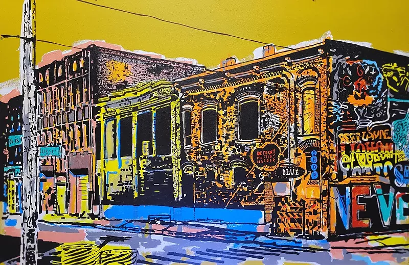 “Division and Russel” - By Chris Turner - Acrylic on wood panel - - For the past 25 years Chris Turner has been a working artist exhibiting in sculpture, painting, architectural design, and fabrication locally, nationally, and internationally while living and maintaining studios in Detroit. - Chris Turner