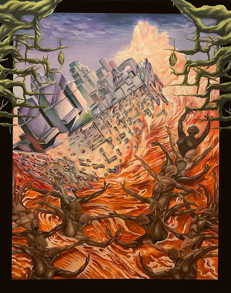 “Ghetto Palms & Momma’s Rage” - By Vanessa Reynolds (Venusloc) - Oil on Canvas, 5’ x 4’ - - Vanessa Reynolds (Venusloc) is a self-taught interdisciplinary artist born and raised in Detroit. - Vanessa Reynolds